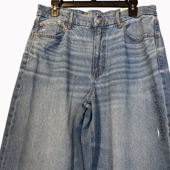 American Eagle Curvy Super High-Rise Baggy Straight Jeans 12 Regular Blue Denim - Picture 8 of 8